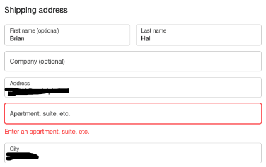 screenshot of "shipping address" form with error - "Enter an apartment, suite, etc."