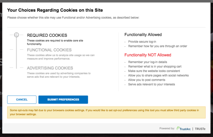 screenshot of a complicated cookie notice