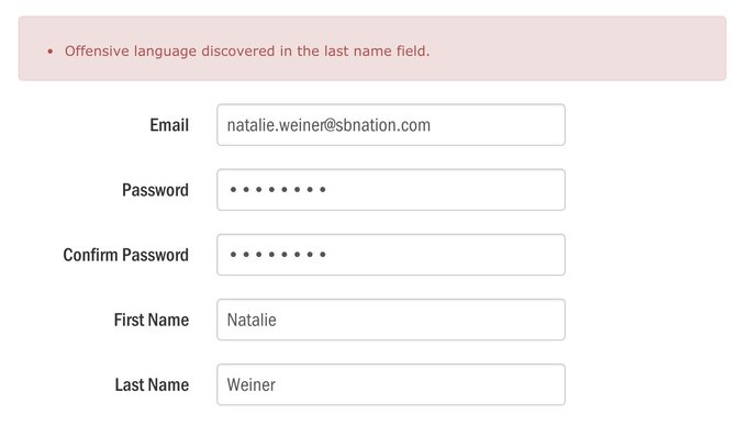 screenshot of a form with error: "offensive language discovered in the last name field" - last name is wiener