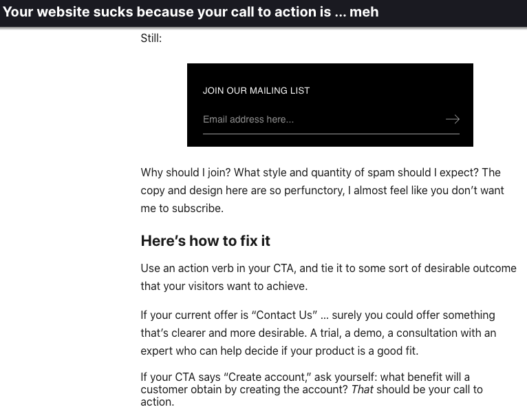 Your Website Sucks newsletter screenshot